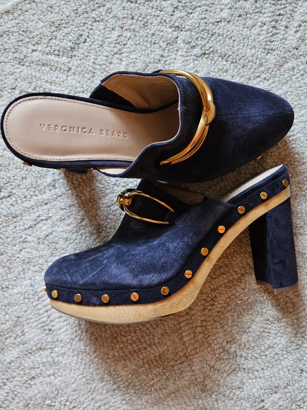 Veronica Beard Navy Blue Suede Platform Clogs Shoes 8.5 Gold Accents